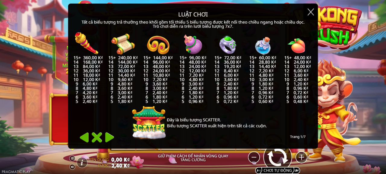 Luật chơi, biểu tượng và cách tính thưởng game Wukong Rush Kubet